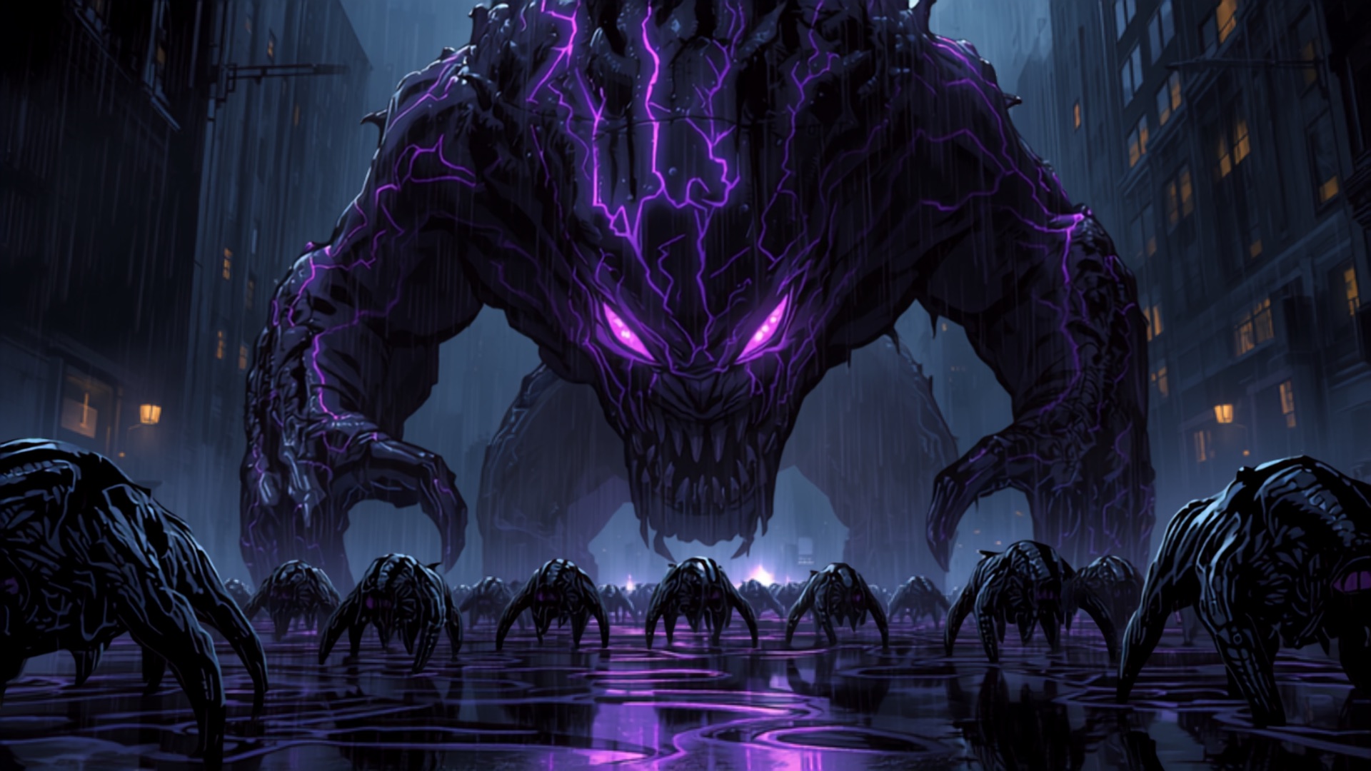 The Lagmaw, a tar monster with violet cracks, surrounded by its spawn